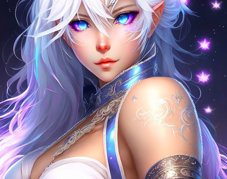 Fantasy digital artwork: Female character with white hair, blue eyes, purple pupils, pointed ears,