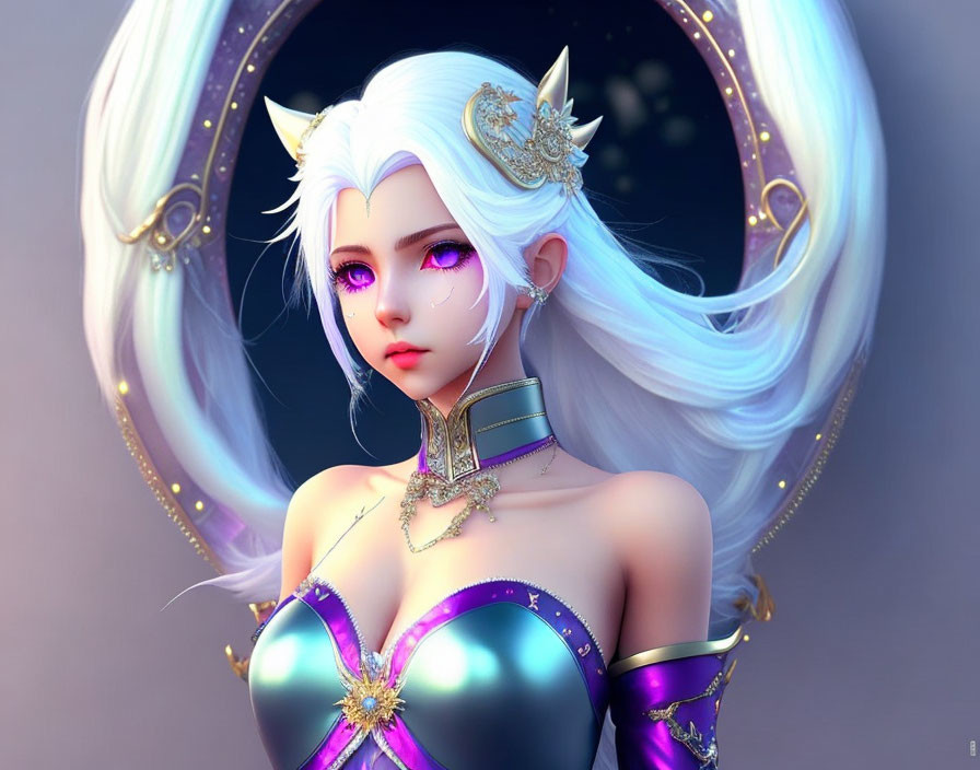 Fantasy character digital artwork with white hair and moon-themed jewelry