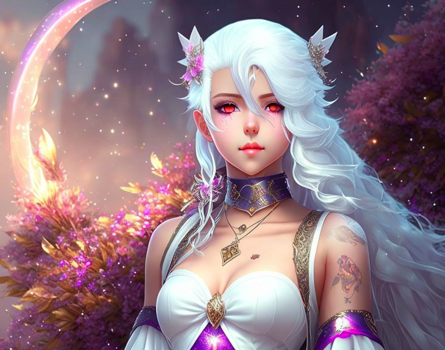 White-haired fantasy elf in mystical setting with vibrant flowers and pink glow.