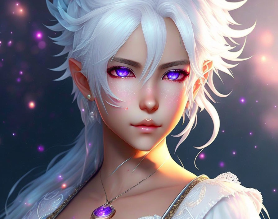 Fantasy illustration of character with pointed ears, white hair, purple eyes, necklace, against starry