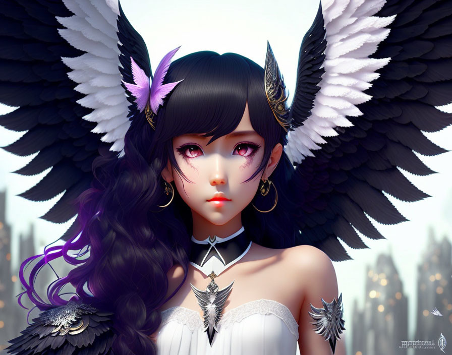 Anime-style girl with black hair, black and white wings, red eyes, feathered earrings, and