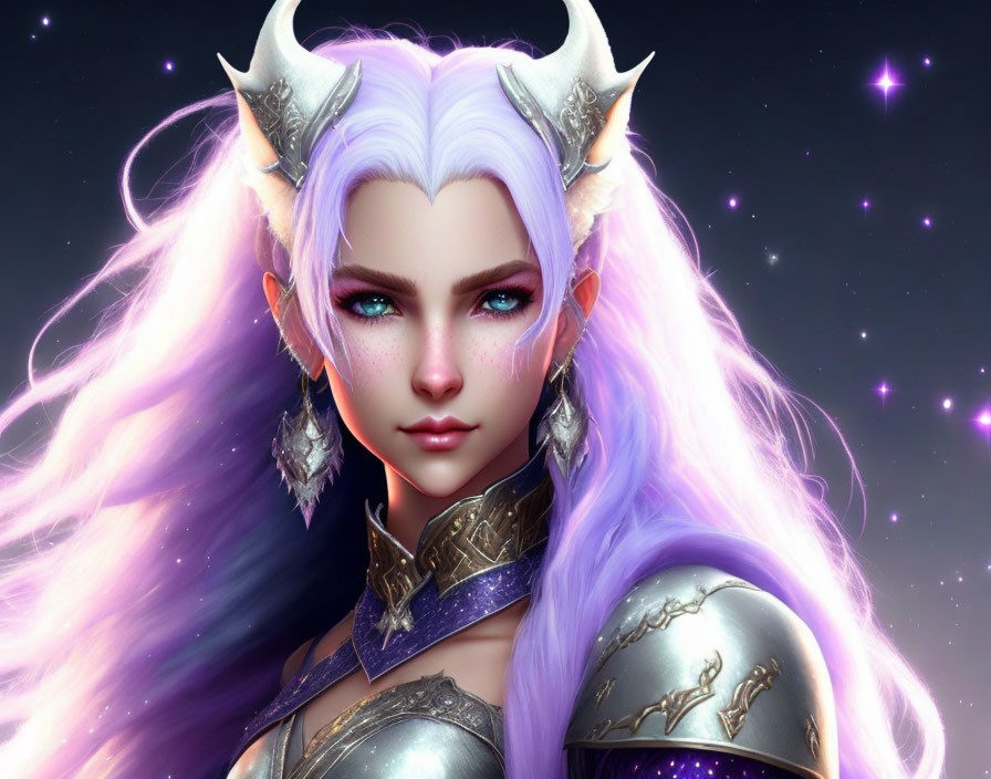 Purple-haired female character in silver armor with white horns on starry background