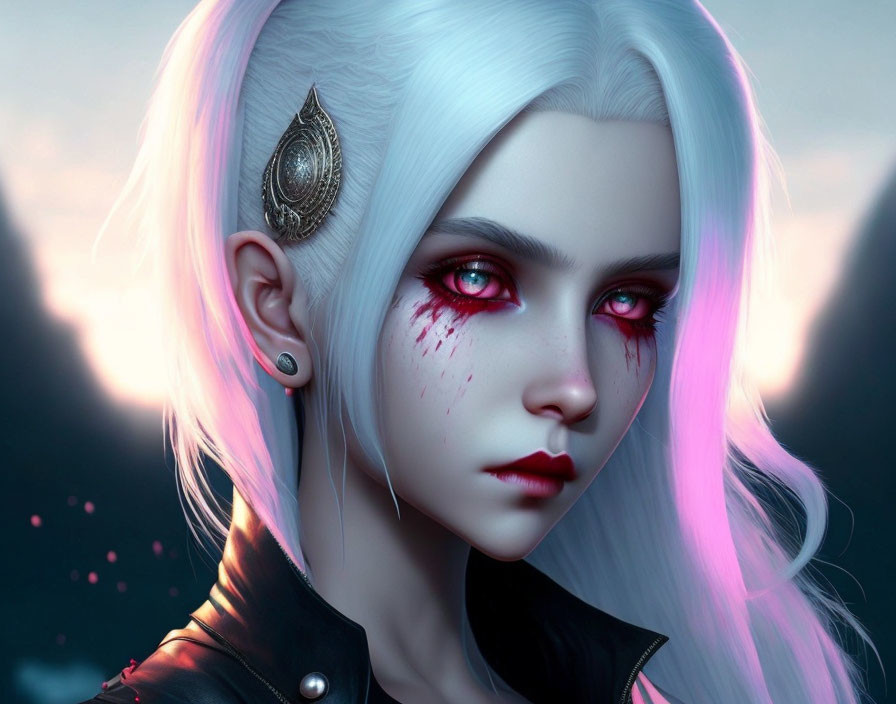 Animated character with white and pink hair, red eyes, ornate earpiece, leather jacket, dus