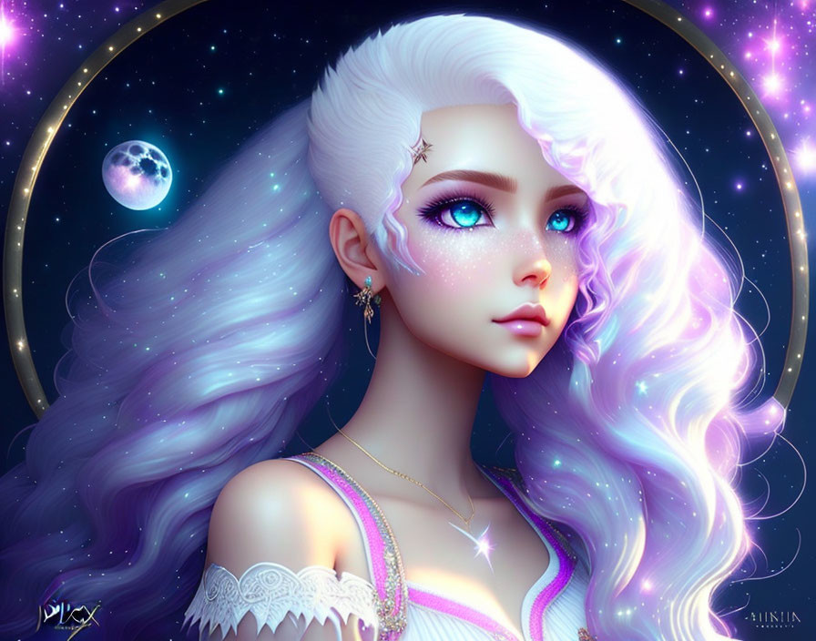 Fantasy woman with white hair, blue eyes, cosmic theme, stars, crescent moon