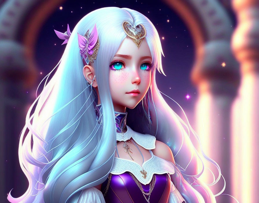 Blue-haired female character with elven ears, heart tiara, and glowing eyes in front of orn