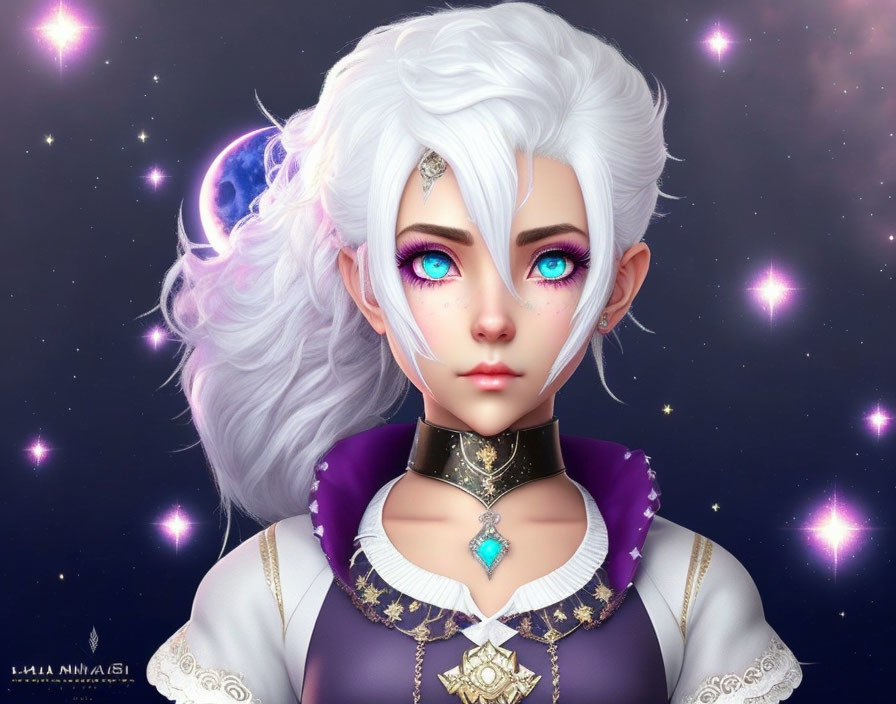 Fantasy character with white hair and blue eyes in ornate purple outfit against cosmic stars.