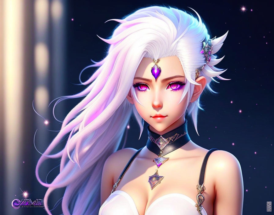 Anime-style character with white hair, purple eyes, pointed ears, forehead jewel, starry backdrop