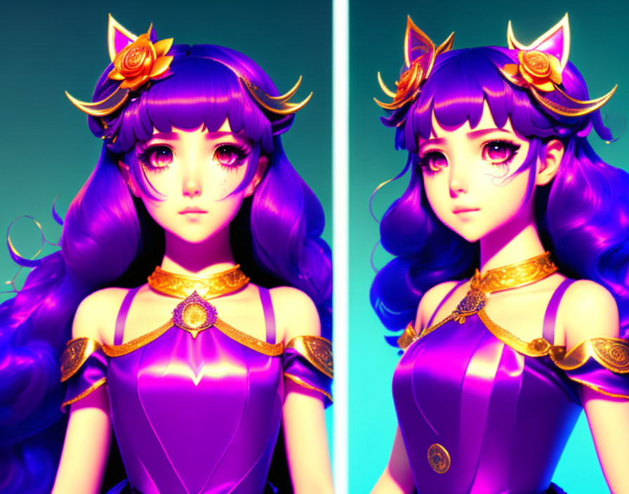 Character with Purple Hair in Golden Tiara and Outfit in Two Lighting Settings