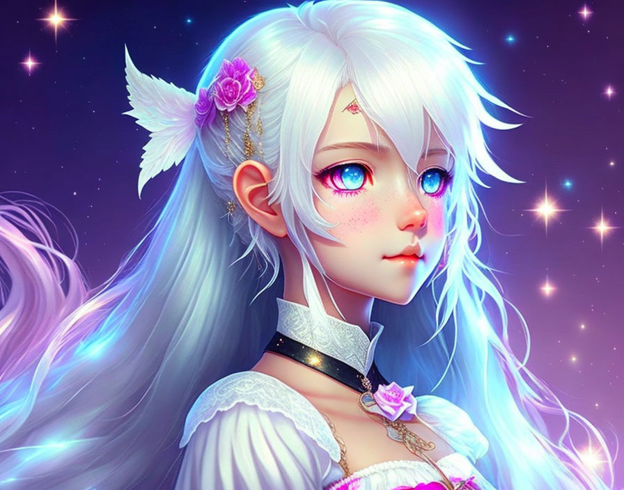 White-haired girl with blue eyes, pink flowers, and golden jewelry on starry backdrop