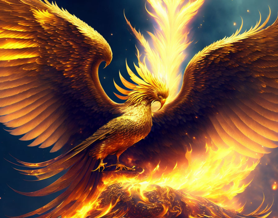 Majestic Phoenix Flying with Ablaze Wings in Cosmic Background