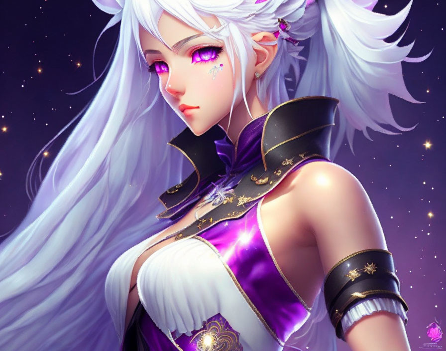 White-haired female character in cosmic attire on starry backdrop