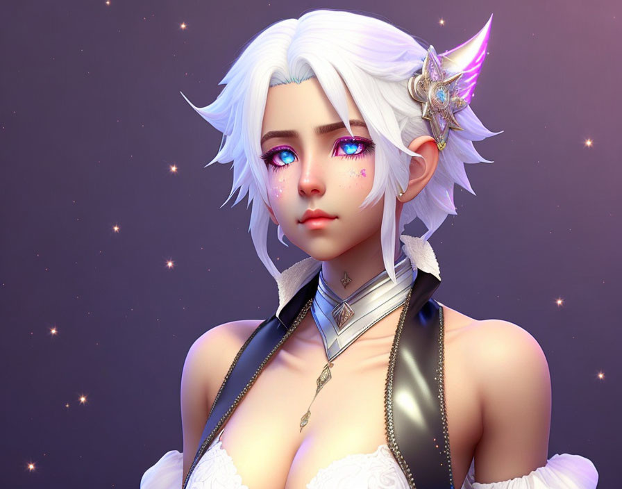 Digital Artwork: Female Character with White Hair and Purple Eyes in Fantasy Jewelry on Starry Background