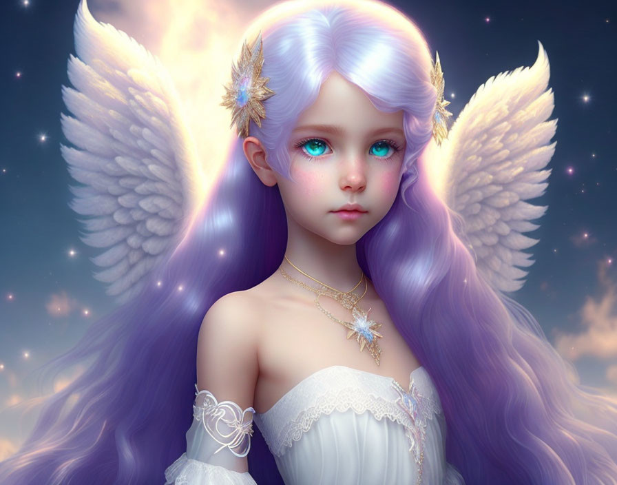 Fantastical being with white wings, purple hair, blue eyes, golden accessories, white flowers