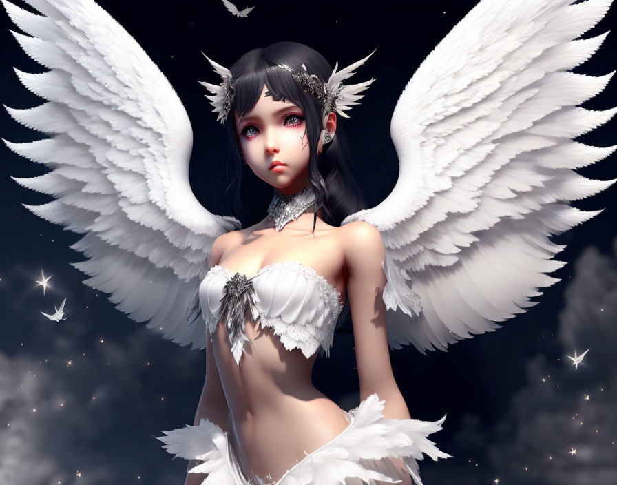 Dark-haired angel with white wings, red eyes, and starry night backdrop