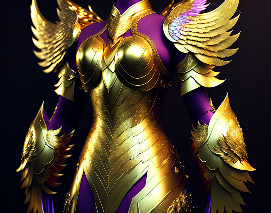 Fantasy armor design with gold accents and wings on purple backdrop.