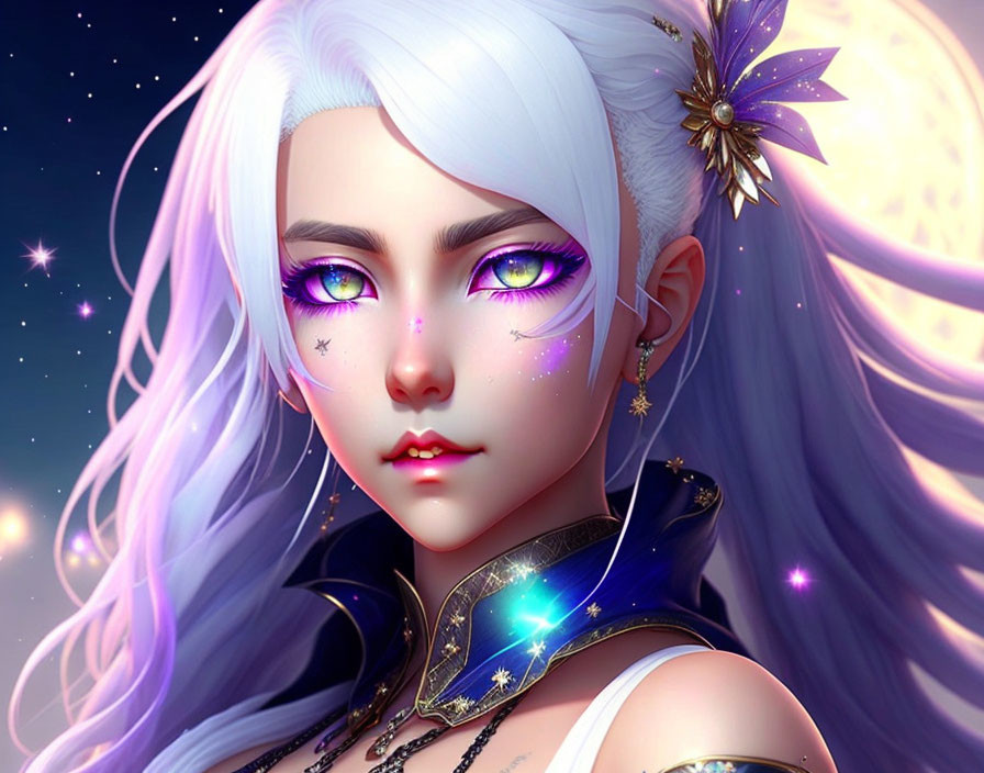 Digital Art: Female Character with White Hair and Celestial Theme