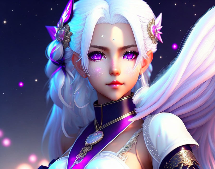 Stylized animated female character with white hair and purple eyes on starry night backdrop