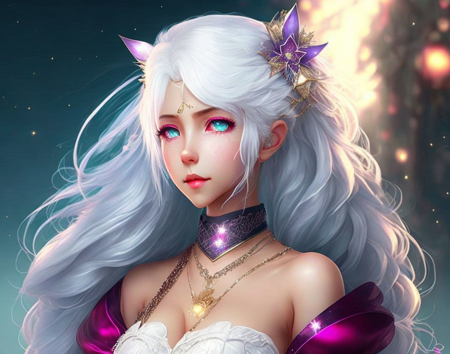 Fantasy character with white hair, elfin ears, purple star accessories, and red eyes