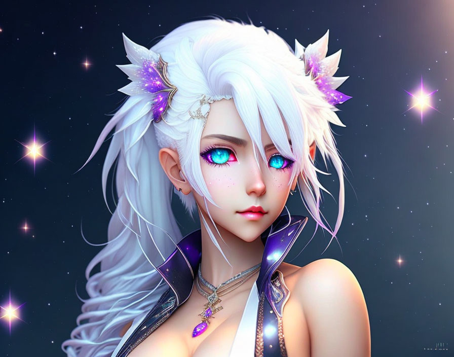 Fantasy-themed female character with blue eyes, white hair, and glowing purple accessories