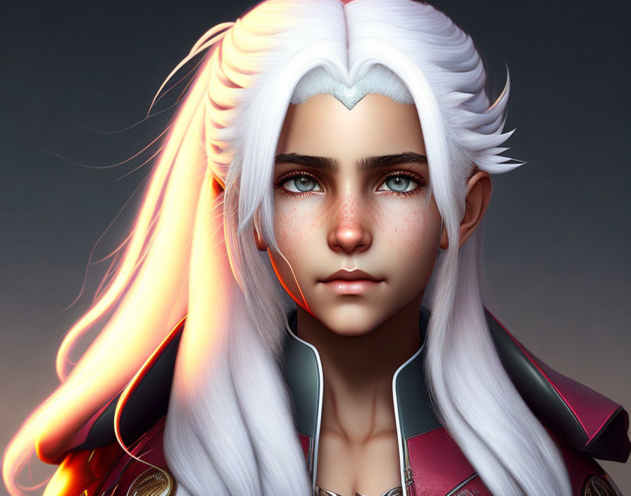 Digital artwork: Character with white hair, blue eyes, faint freckles, and stylized heart