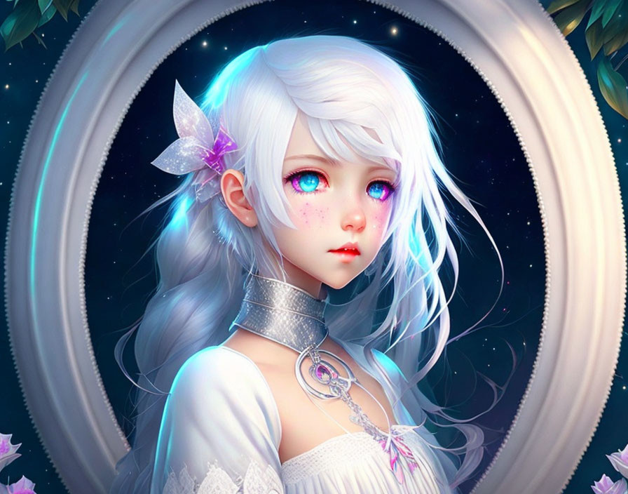 Digital Artwork: White-Haired Girl with Pink Eyes, Fantasy Theme