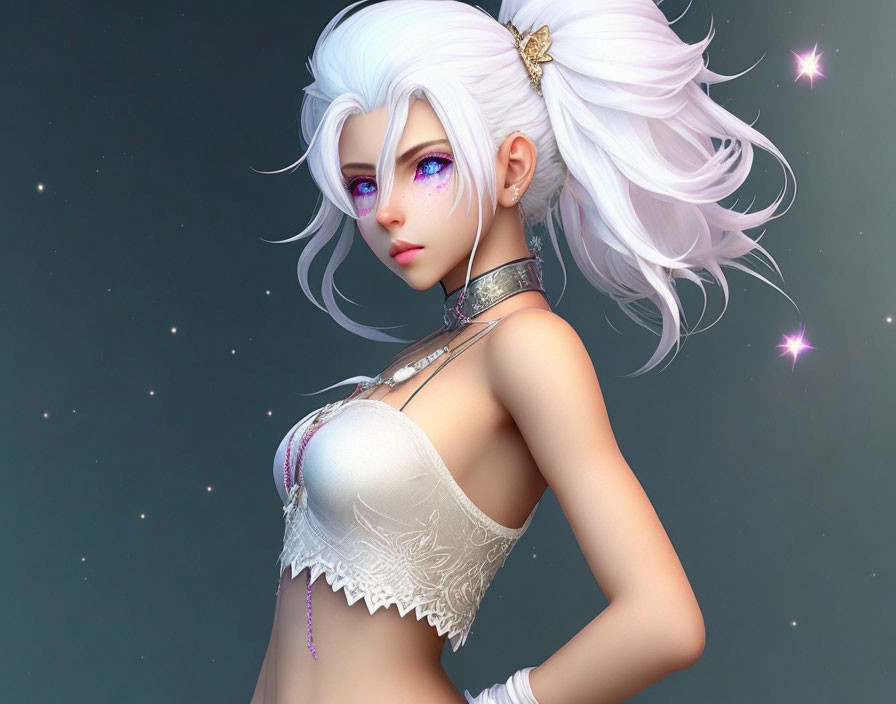 Digital artwork featuring female character with white hair & purple eyes, adorned in jewelry, set against starry