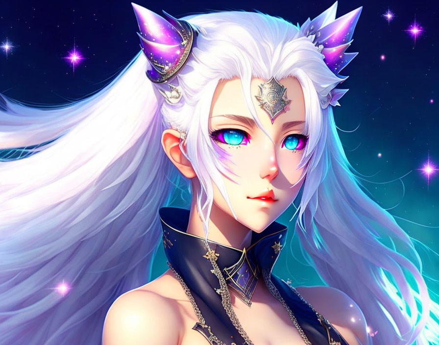 Long White Hair, Blue Eyes, Pointed Ears, and Purple Horns in Black and Gold