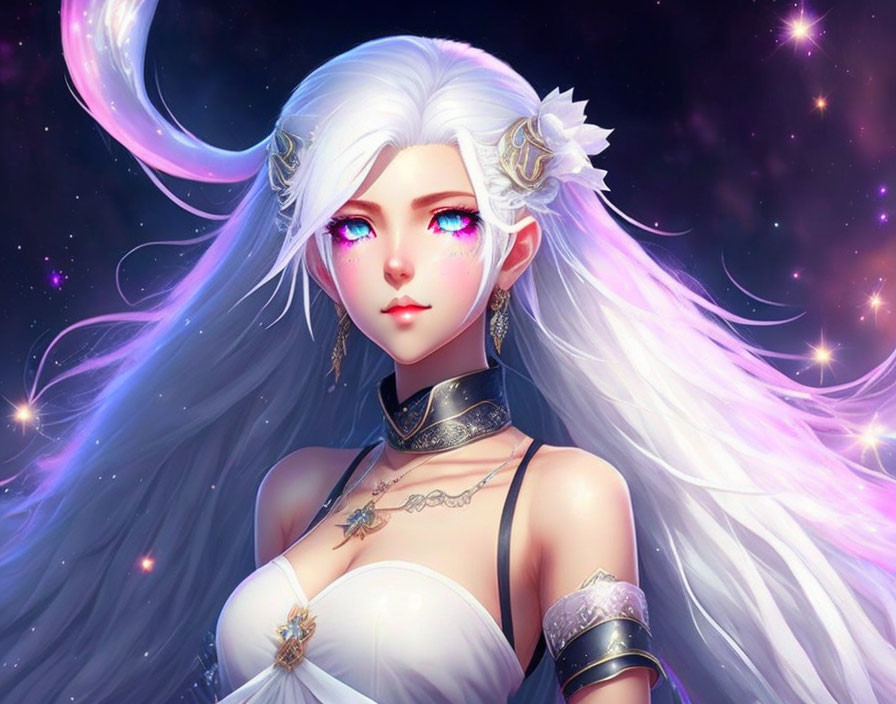 White-haired animated character with elf-like ears and pink eyes in cosmic setting