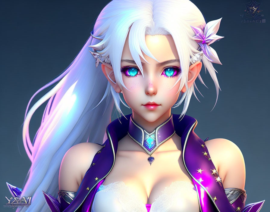 Fantasy female character with elf ears, blue eyes, white hair, purple outfit