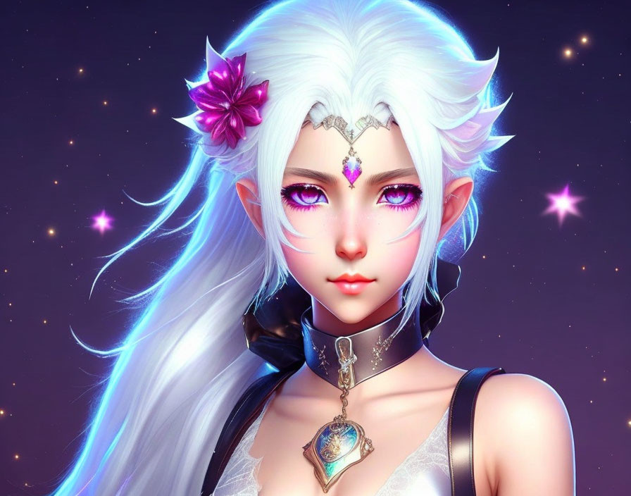 White-haired animated elf with purple flower, golden tiara, pink eyes, on starry backdrop