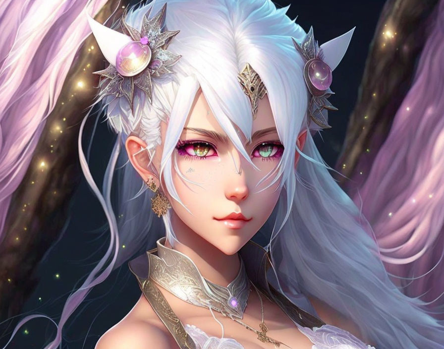 Fantasy character with white hair, elf-like ears, purple eyes, moon-themed jewelry.