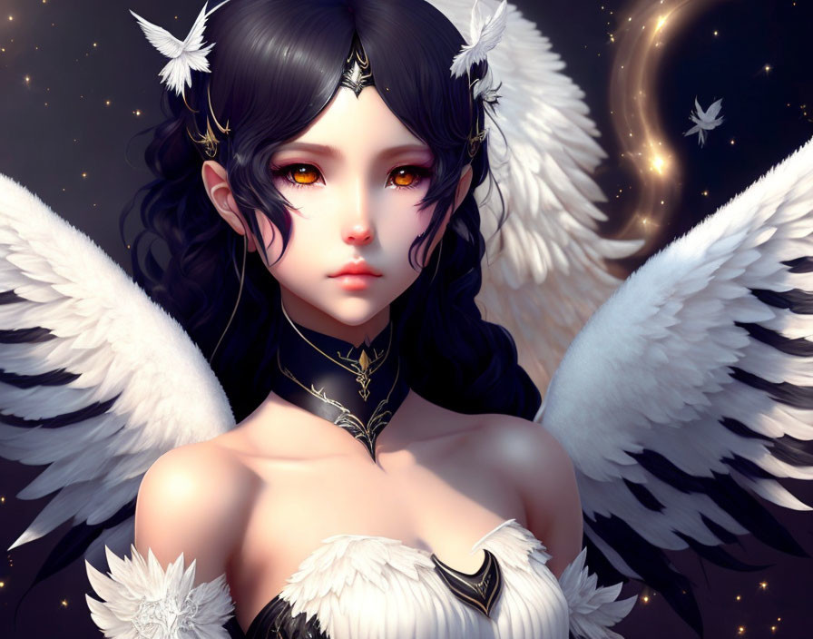 Fantasy character with black hair, white wings, and butterflies in a digital artwork