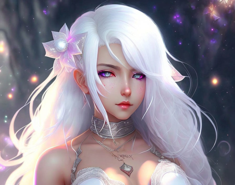 Fantasy digital artwork of female character with white hair, pointed ears, violet eyes, luminescent