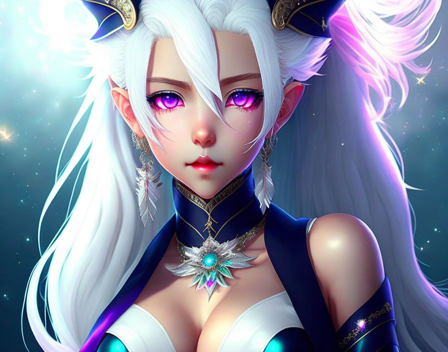 Character with White Hair, Purple Eyes, Dark Attire, Gold Accents, Blue Gem Necklace