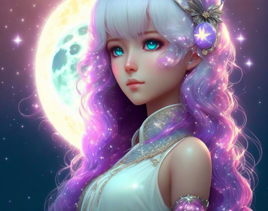 Anime-style girl with large eyes and purple wavy hair under moon and stars.