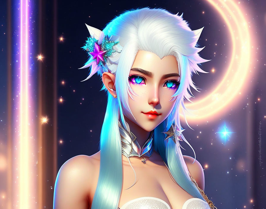 White-haired animated character with blue tips and star accessories in cosmic setting