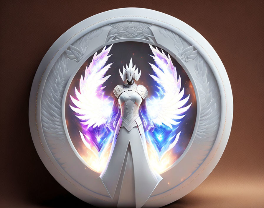 Angel in Shining Armor with Colorful Wings on Circular Motif