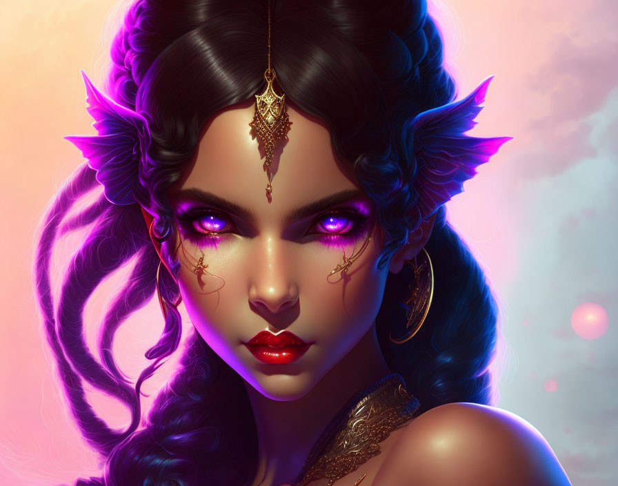 Fantasy portrait: Woman with purple eyes, elf ears, gold jewelry, black hair.