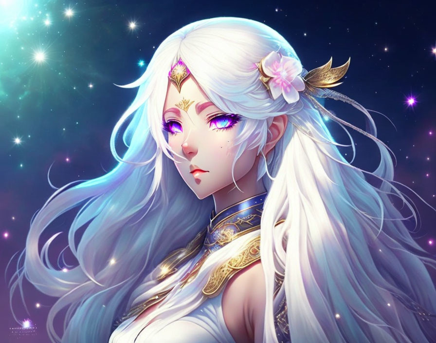 Ethereal animated character with long white hair and decorative headpiece