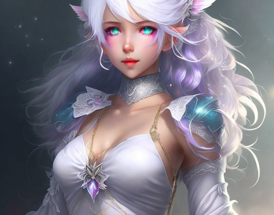 Fantastical Female Character with White Hair and Glowing Pink Eyes