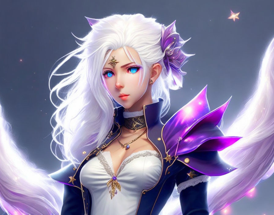 White-Haired Character in Navy and Gold Outfit with Purple Accents