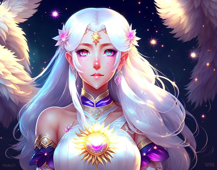 Fantasy female character with white hair, pink eyes, and celestial ornaments