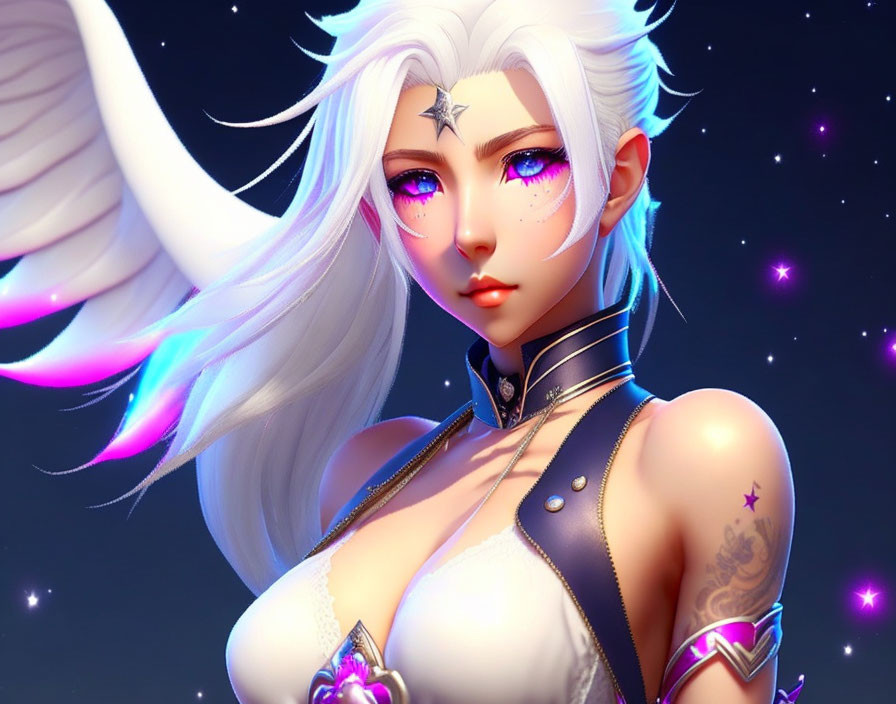 White-haired winged character in fantasy armor on starry background