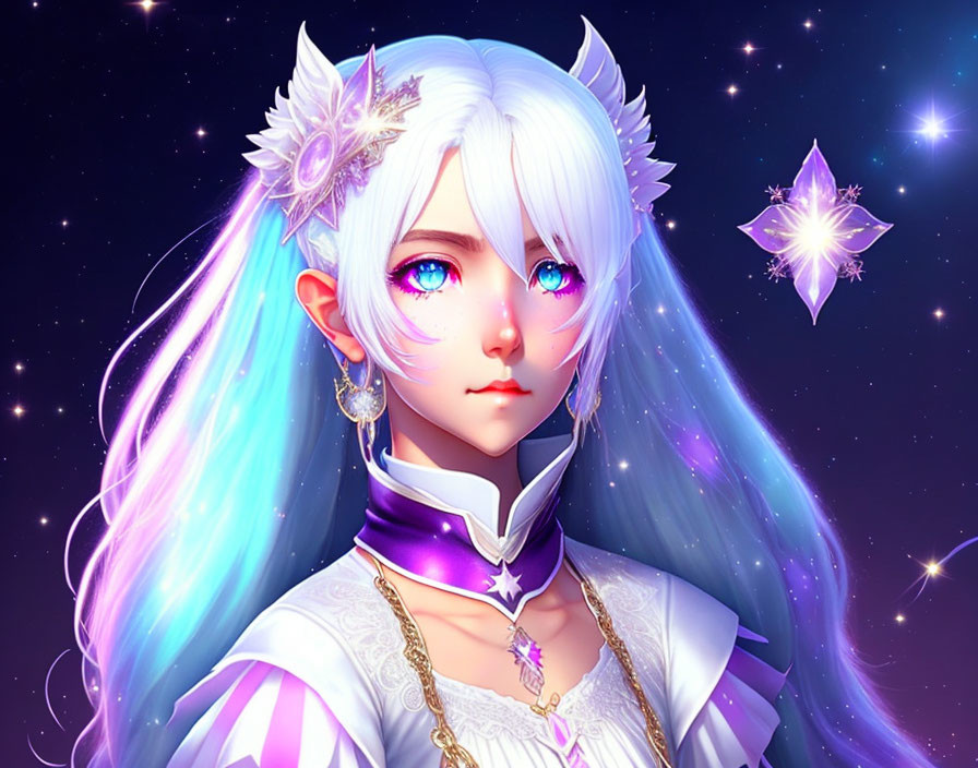 White and Blue Hair Female Character with Celestial Attire on Starry Background