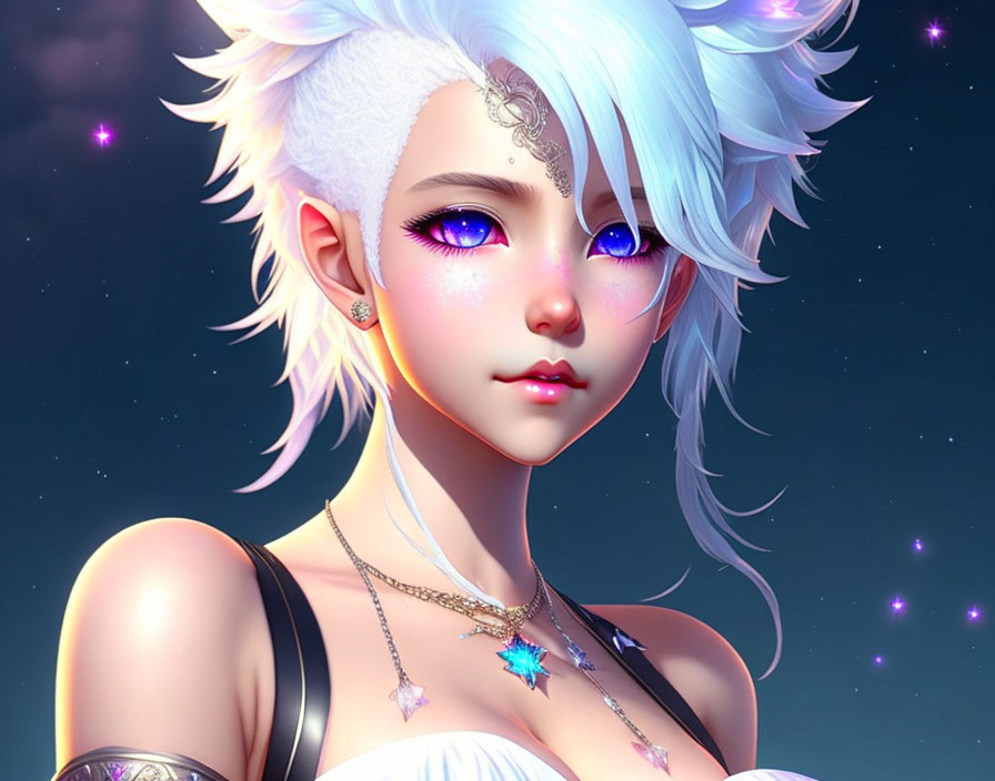 White-haired female character with star jewelry under starry sky