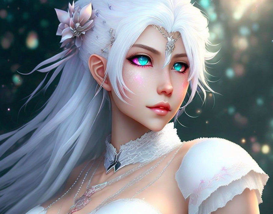 Fantasy female character with white hair and pink eyes in digital art portrait