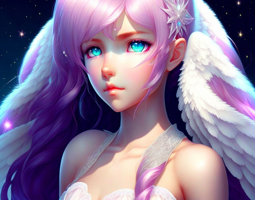 Illustration of female character with purple hair and angel wings in starry night sky