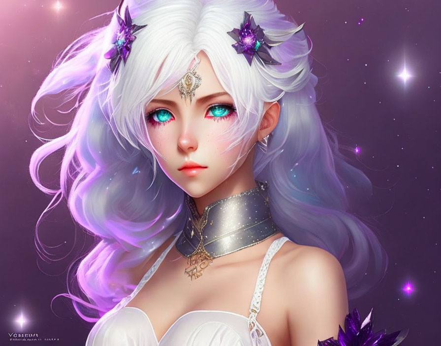 Fantasy illustration of woman with white hair, turquoise eyes, purple floral accessories, and elegant jewelry on