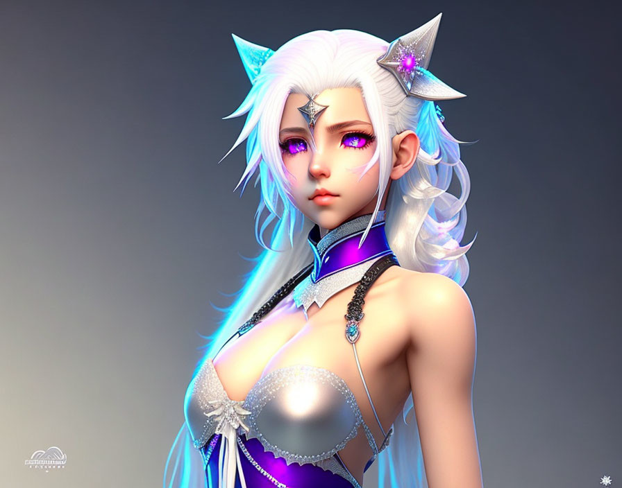 Detailed 3D illustration of female anime character with pointed ears, white hair, and fantasy costume.