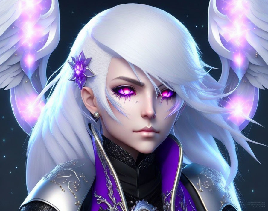 Illustrated Female Character with White Hair, Purple Eyes, Glowing Ornaments, and Dark Outfit